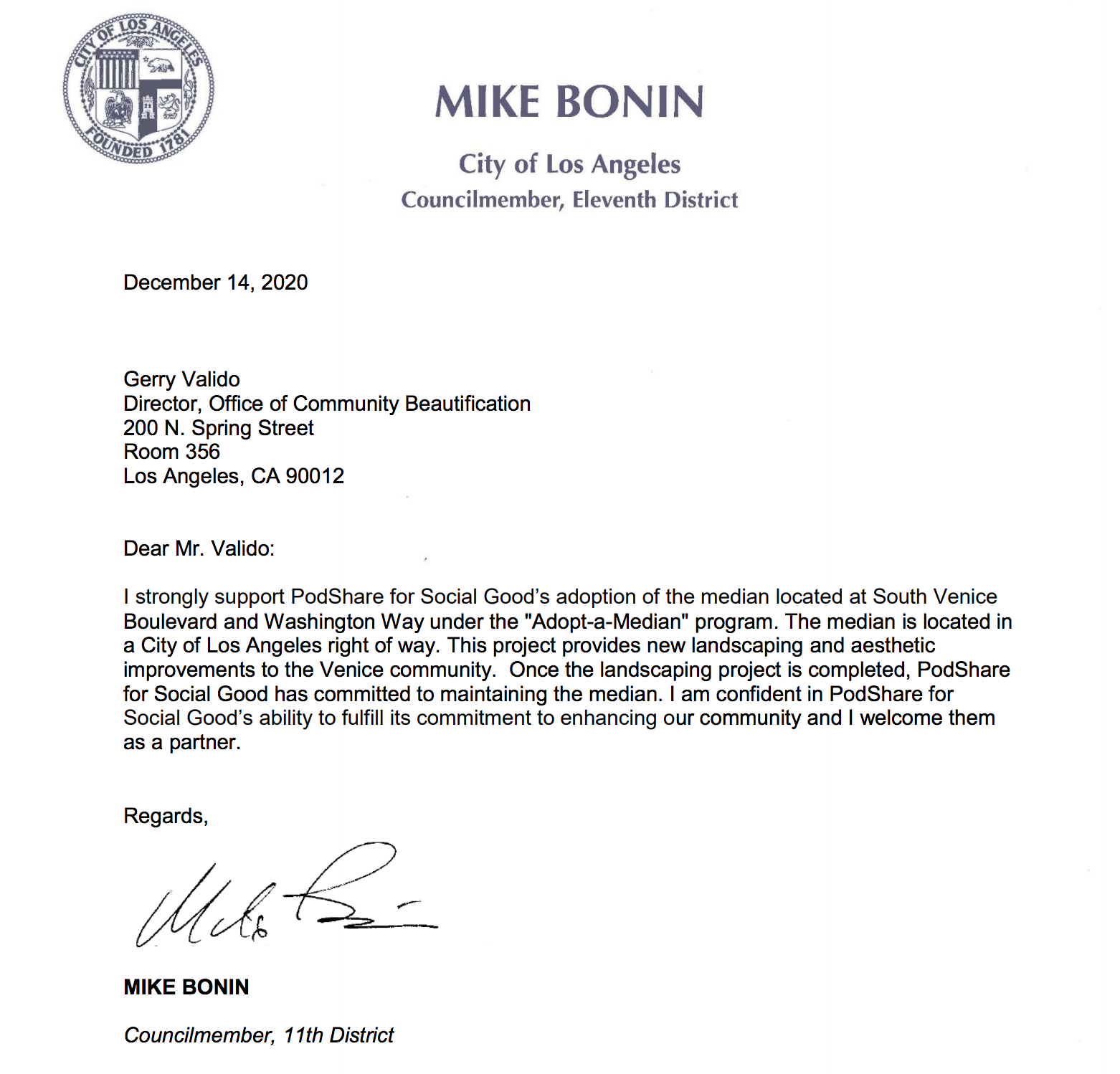 CM Bonin Support letter